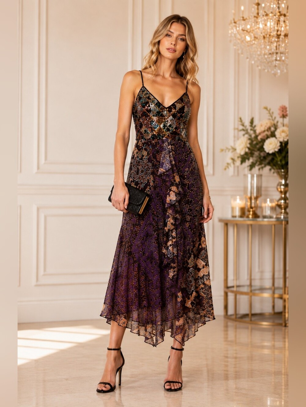 Miss‎ Me Women's Sequins Mixed Pattern Midi Dress Plum size Medium